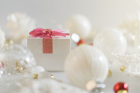 White gift box with Christmas decorationの写真素材