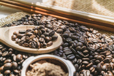 Coffee beans on sack.の写真素材