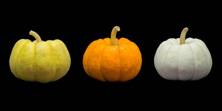 Pumpkin (yellow, orange and white) isolated on black background.