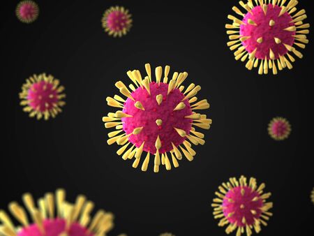 3d rendering of microscope covid-19 virus (coronavirus 2019) on black background for medical or virology concept.の写真素材