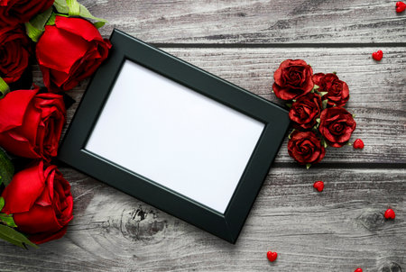 Top view of frame, red roses and heart on wooden with copyspace for Valentine, love and wedding...