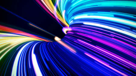 Futuristic colorful neon line lights hole abstract background.の写真素材