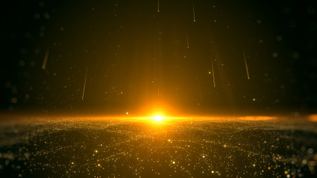 Gold burst light, dust particles and shooting star elegance abstract background.の写真素材