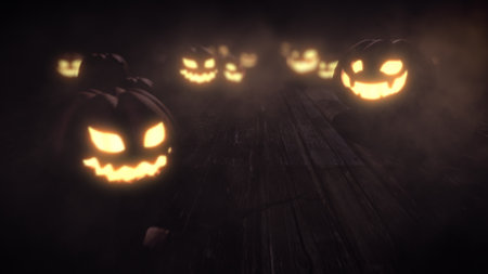 Halloween background with scary pumpkins face on wood at spooky night, 3d rendering.の写真素材