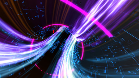 Futuristic lights digital data transfer technology background.の写真素材