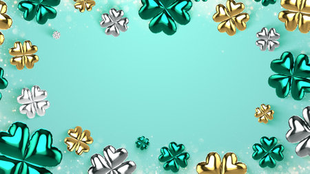 St. Patrick day card with clover leaves frame on green background and copyspace for greeting holiday background.の写真素材