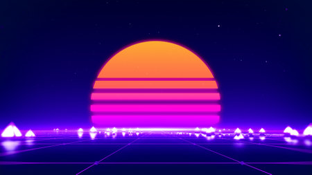 80s retro background with sunset, star and summer landscape terrain.の写真素材