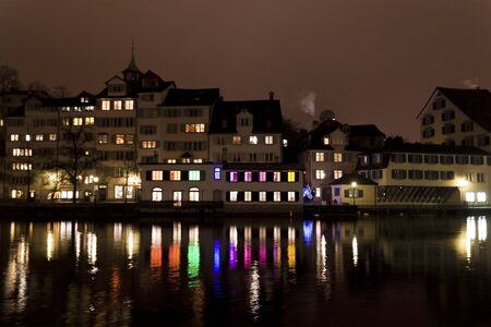 City lights by the river in Zurich, Switzerlandの写真素材