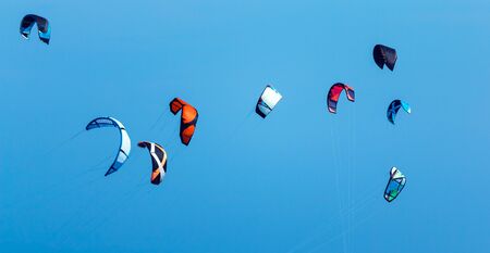 Kites group in a clear blue skyの写真素材