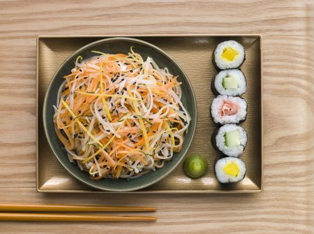 Daikon and Carrot Salad with Sesame Sushi and Wasabi (overhead)の写真素材