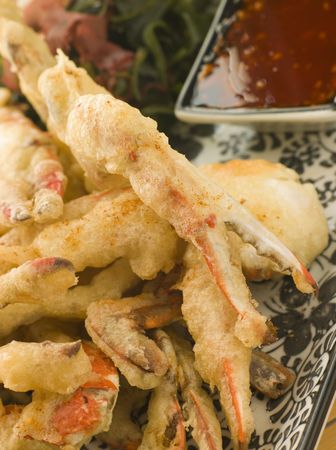 Tempura of Soft Shell Crab with Chili Sauce and Seaweed saladの写真素材
