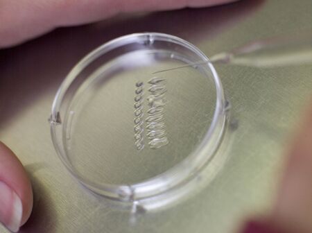 Embryologist putting sample into petri dish (selective focus)の写真素材