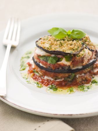 Aubergine Parmigiana Tower with Herb Oilの写真素材