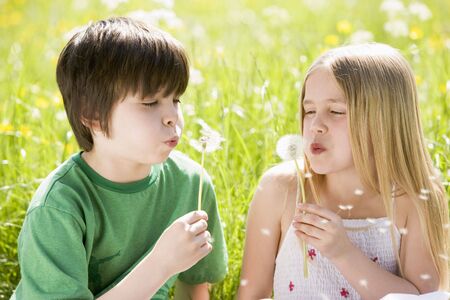 Two young children sitting outdoors blowing dandelion heads smilingの写真素材