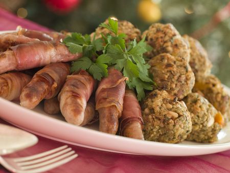 Plate of Pigs in Blankets and Chestnut Stuffing Ballsの写真素材