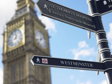 Sign Post In Front Of Big Ben, London, Englandの写真素材