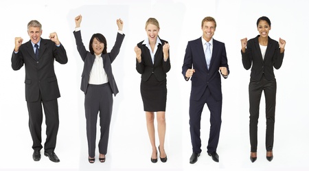 Triumphant group of businessmen and women