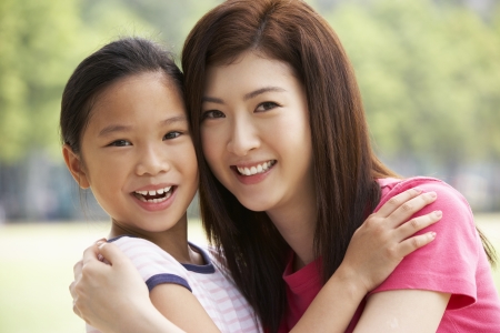 Portrait Of Chinese Mother With Daughter In Parkの写真素材