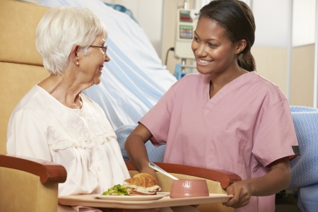 Nurse Serving Meal To Senior Female Patient Sitting In Chairの写真素材