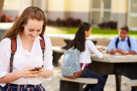 Female High School Student Using Phone On School Campusの写真素材