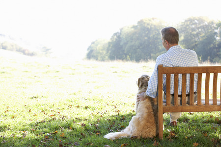 Senior man sitting outdoors with dogの写真素材