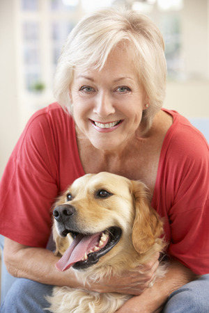 Senior woman at home with dogの写真素材