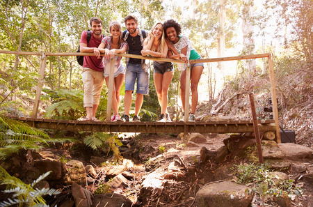 Group Of Friends On Walk Crossing Wooden Bridge In Forestの写真素材