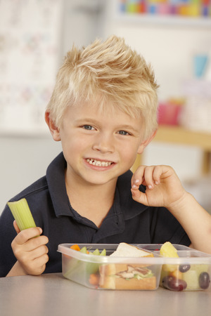 Elementary Age Schoolboy Eating Healthy Packed Lunch In Classの写真素材