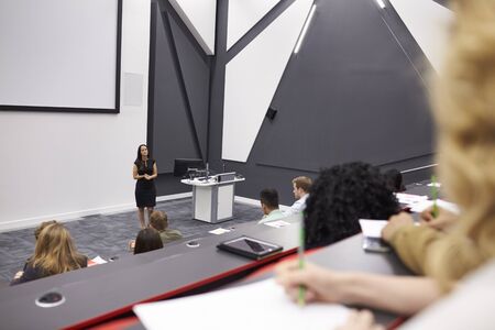Woman lecturing students in a lecture theatre, mid row POVの写真素材