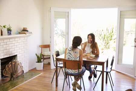 Two Female Friends Enjoying Meal At Home Togetherの写真素材