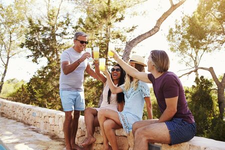 Two adult couples socialising outdoors make a toast, Ibizaの写真素材