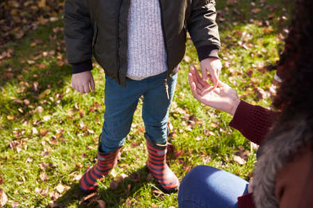 Boy And Mother Playing In Autumn Garden Togetherの写真素材
