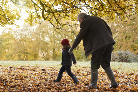 Grandfather And Granddaughter Kicking Leaves On Autumn Walkの写真素材