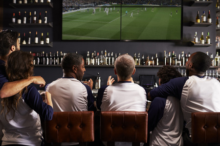 Rear View Of Friends Watching Game In Sports Bar Celebrating