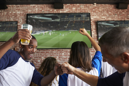 Friends Watching Game In Sports Bar On Screens Celebratingの写真素材