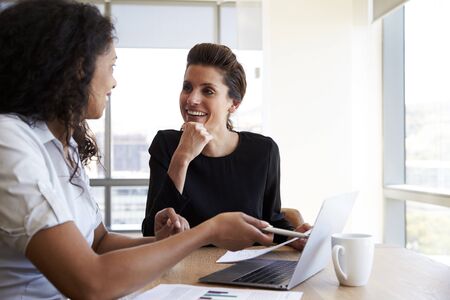 Two Businesswomen Using Laptop Computer In Office Meeting