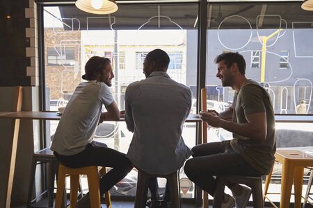 Rear View Of Three Male Friends Meeting In Coffee Shopの写真素材