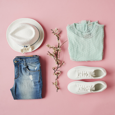 Flat Lay Shot Of Girls Spring Clothing And Accessoriesの写真素材