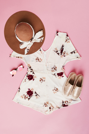 Flat Lay Shot Of Female Holiday Clothing And Accessoriesの写真素材