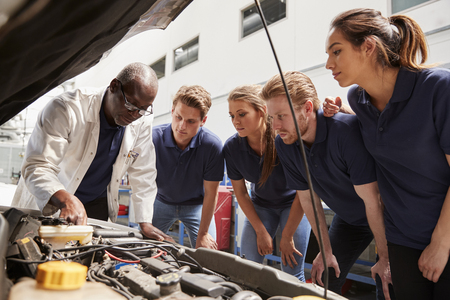 Mechanic instructing trainees around a car engine, low angleの写真素材