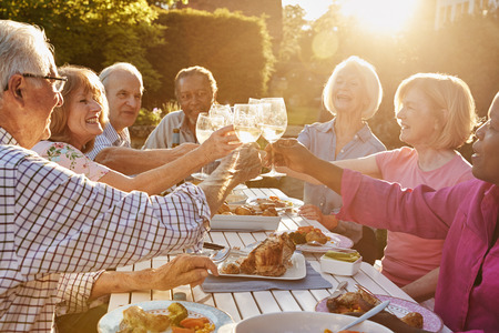 Group Of Senior Friends Making A Toast At Outdoor Dinner Partyの写真素材