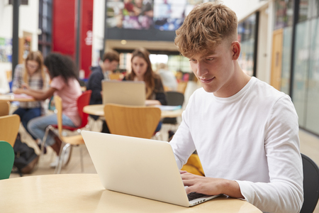 Male Student Working In Communal Area Of Busy College Campusの写真素材