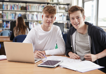 Two Male College Students Collaborating On Project In Libraryの写真素材