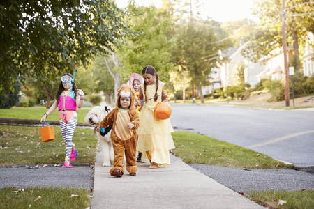 Children And Dog In Halloween Costumes For Trick Or Treatingの写真素材