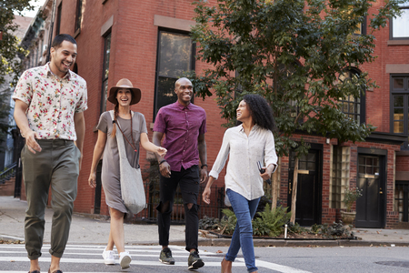 Group Of Friends Crossing Urban Street In New York Cityの写真素材