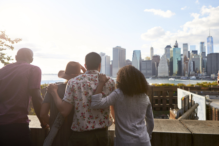 Rear View Of Tourists Looking At Manhattan Skylineの写真素材