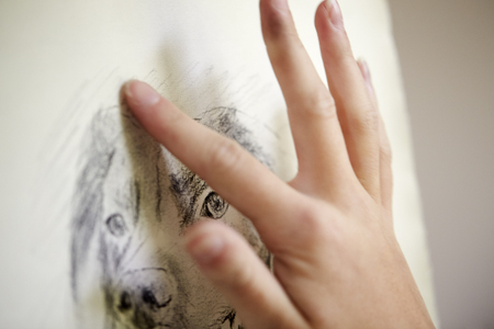 Close Up Of Female Teenage Artist Sitting At Easel Drawing Picture Of Dog From Photograph In Charcoalの写真素材