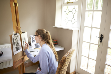 Side View Of Female Teenage Artist Sitting At Easel Drawing Picture Of Dog From Photograph In Charcoalの写真素材