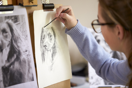 Rear View Of Female Teenage Artist Sitting At Easel Drawing Picture Of Dog From Photograph In Charcoalの写真素材