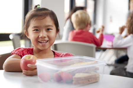 Young Chinese schoolgirl sitting at a table during her lunch break at kindergarten, holding an apple and smiling, close upの写真素材